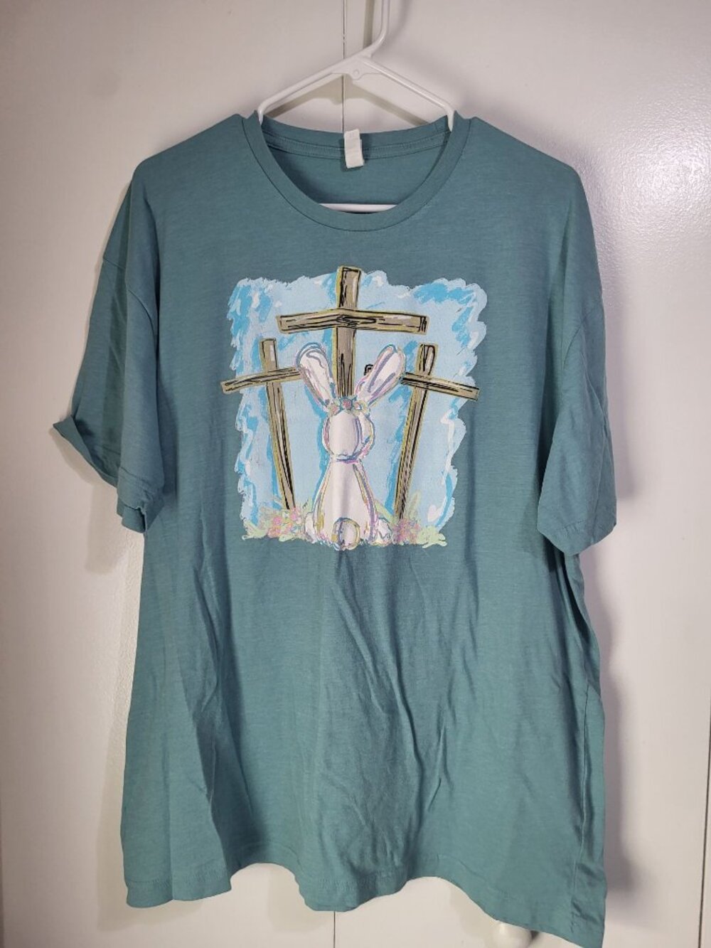 Love in Faith Womens XL Graphic T Shirt Easter Spring Cross Bunny Religious